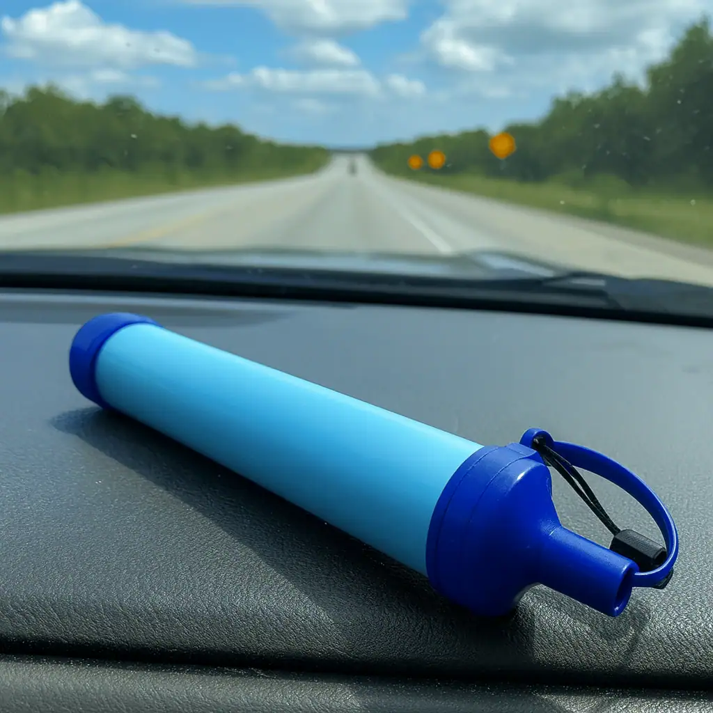 blue_water_filter_laying_on_car_dashboard_road_trip_setting_windshield_and_road_visible_in_background
