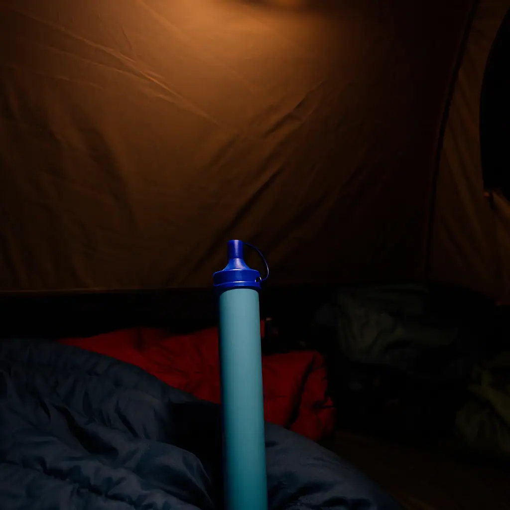 blue_water_filter_straw_inside_camping_tent_at_dusk_headlamp_lighting_iphone_photo_casual_camping