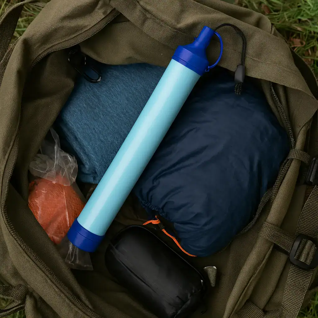 blue_water_filter_straw_placed_on_open_hiking_backpack_with_camping_gear_visible_grass_ground