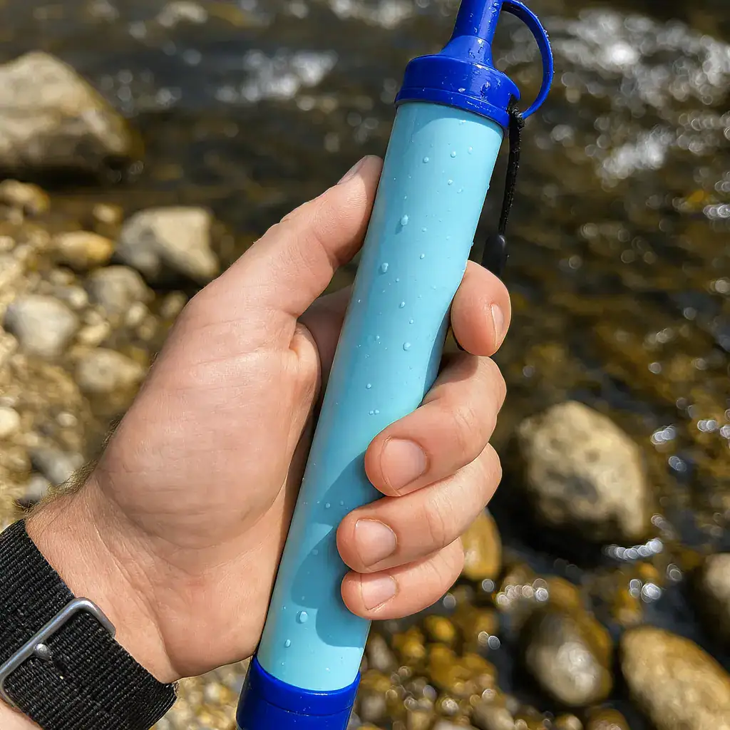 close-up_hand_holding_blue_portable_water_filter_straw_near_flowing_river_water_riverside_rocks